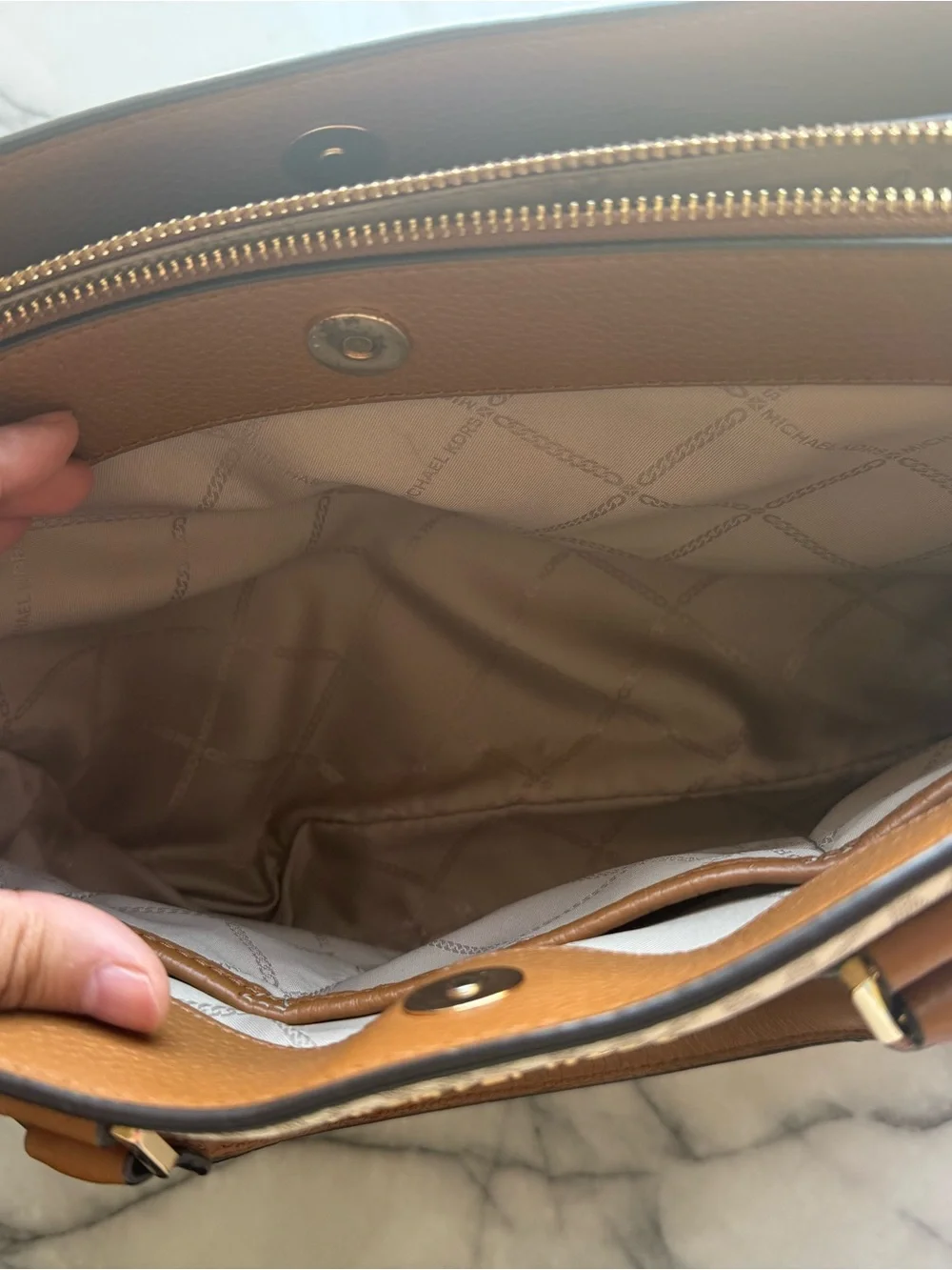 Michael Kors Beige MK Signature Satchel with Brown Trim and Gold Hardware
